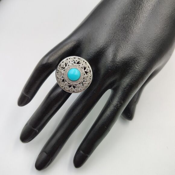 Elizabeth Adams Sterling Silver 925 Turquoise Diamond Accents Ornate Ring Sz 8 - Picture 5 of 15